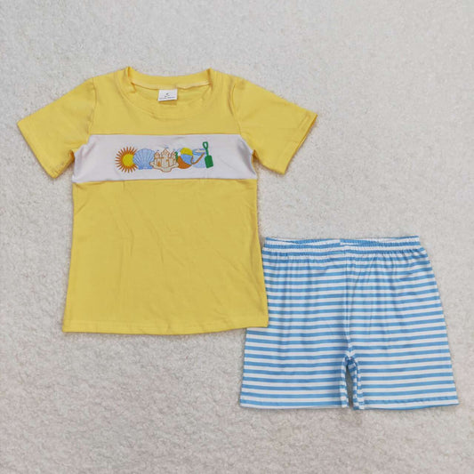 BSSO0397 embroidery Beach castle yellow short sleeve blue striped shorts boys set