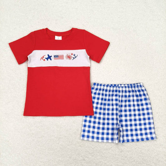 BSSO0584 embroidery July 4th Flag Plane Red Short Sleeve Blue Checkered Shorts Boys Set