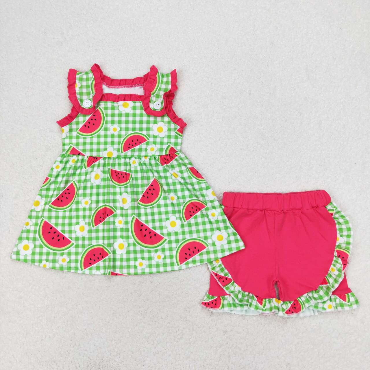 GSSO0701 Watermelon flowers green checkered sleeveless hot pink shorts girls set