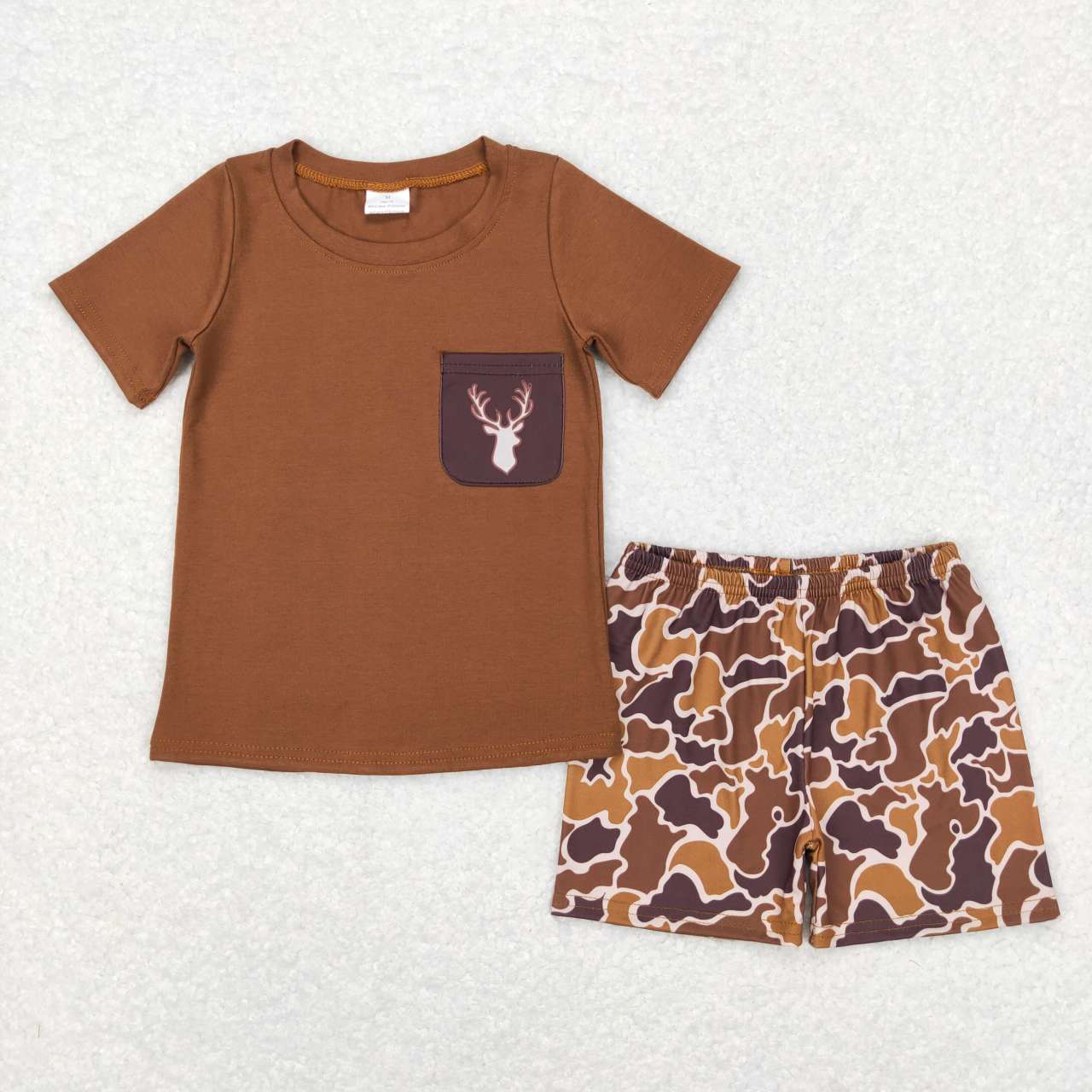 BSSO0302 Hunting deer brown pocket short sleeve camo shorts boys set