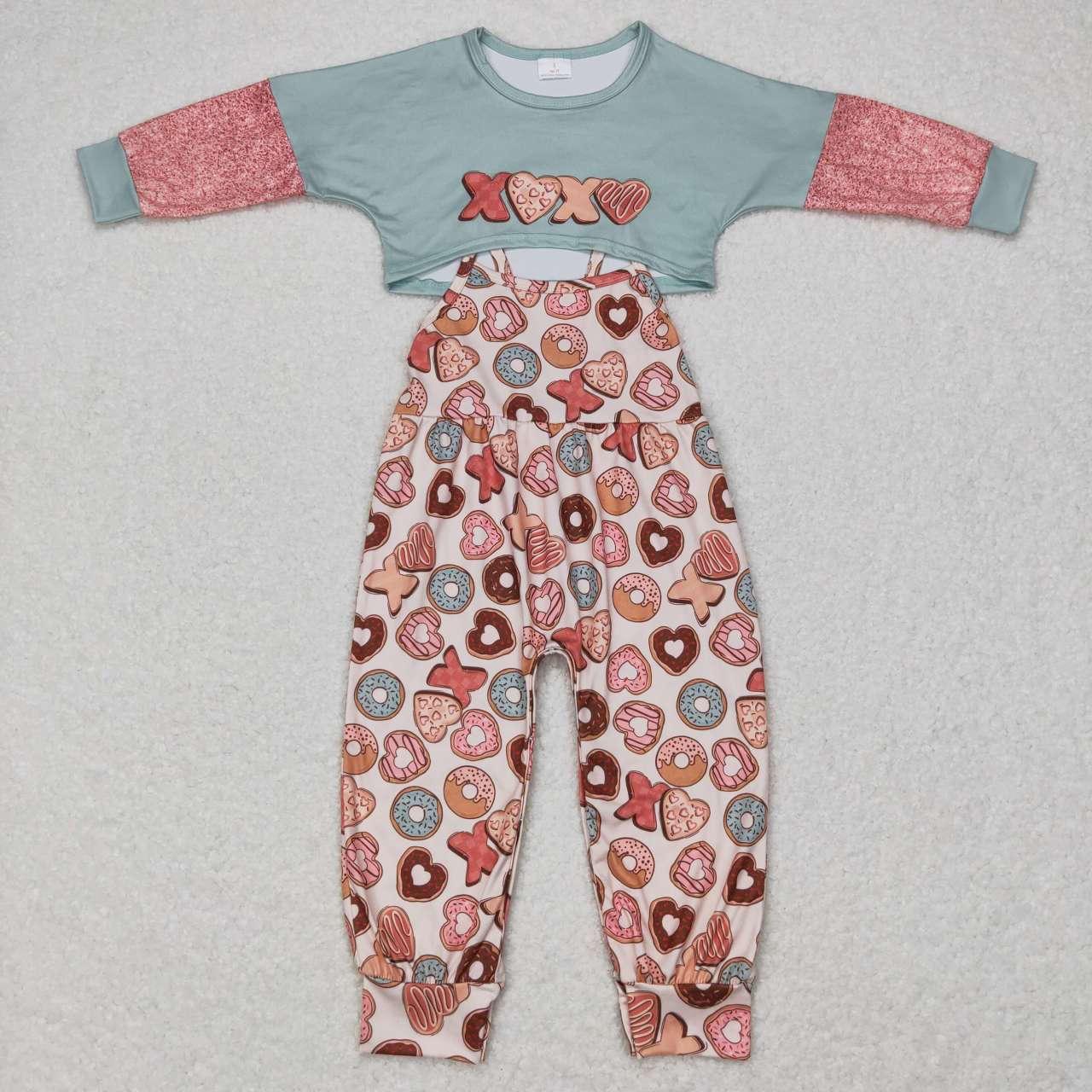 GLP0899 Xoxo green long sleeve donut jumpsuit girls set