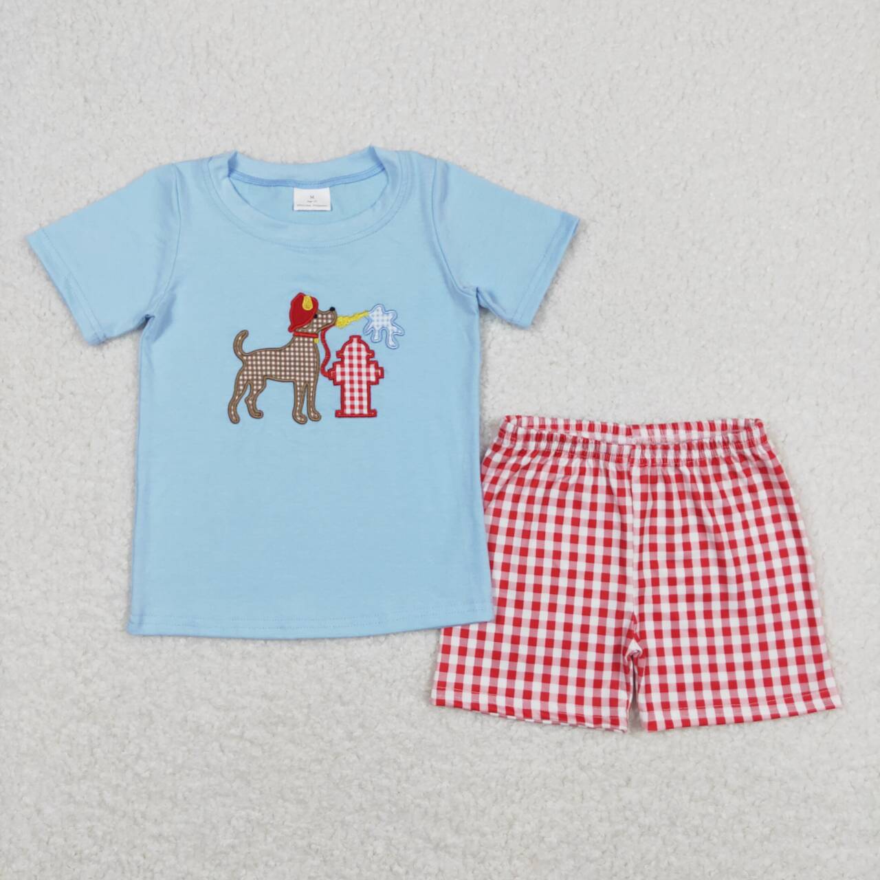 BSSO0377 embroidery Dog fire hydrant blue short sleeve red checkered shorts boys set