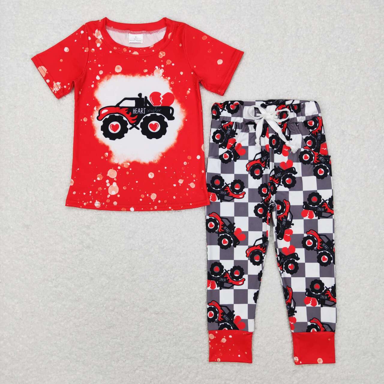 BSPO0227 Valentine's Day heart tractor red short sleeve black checkered pants boys set