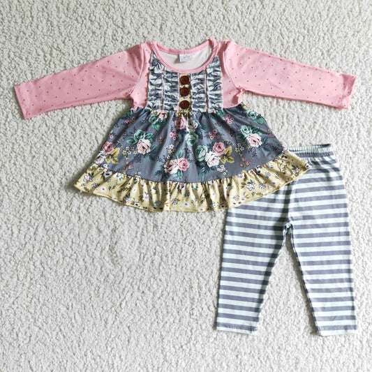 6 B0-17 Flower Pink Sleeve Striped Print Girls Outfits