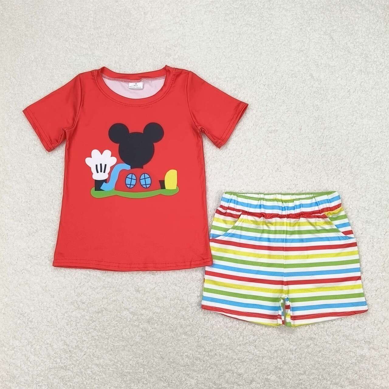 BSSO0786 cartoon M red short sleeve rainbow striped shorts boys set