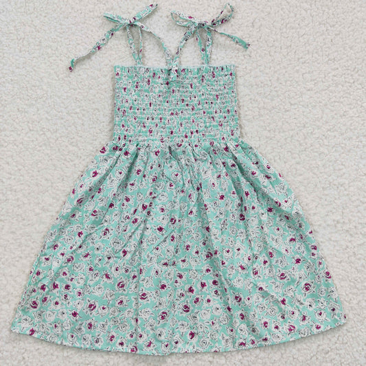 GSD0370 Smocking Stitch Blue Flowers Girls Summer Dress