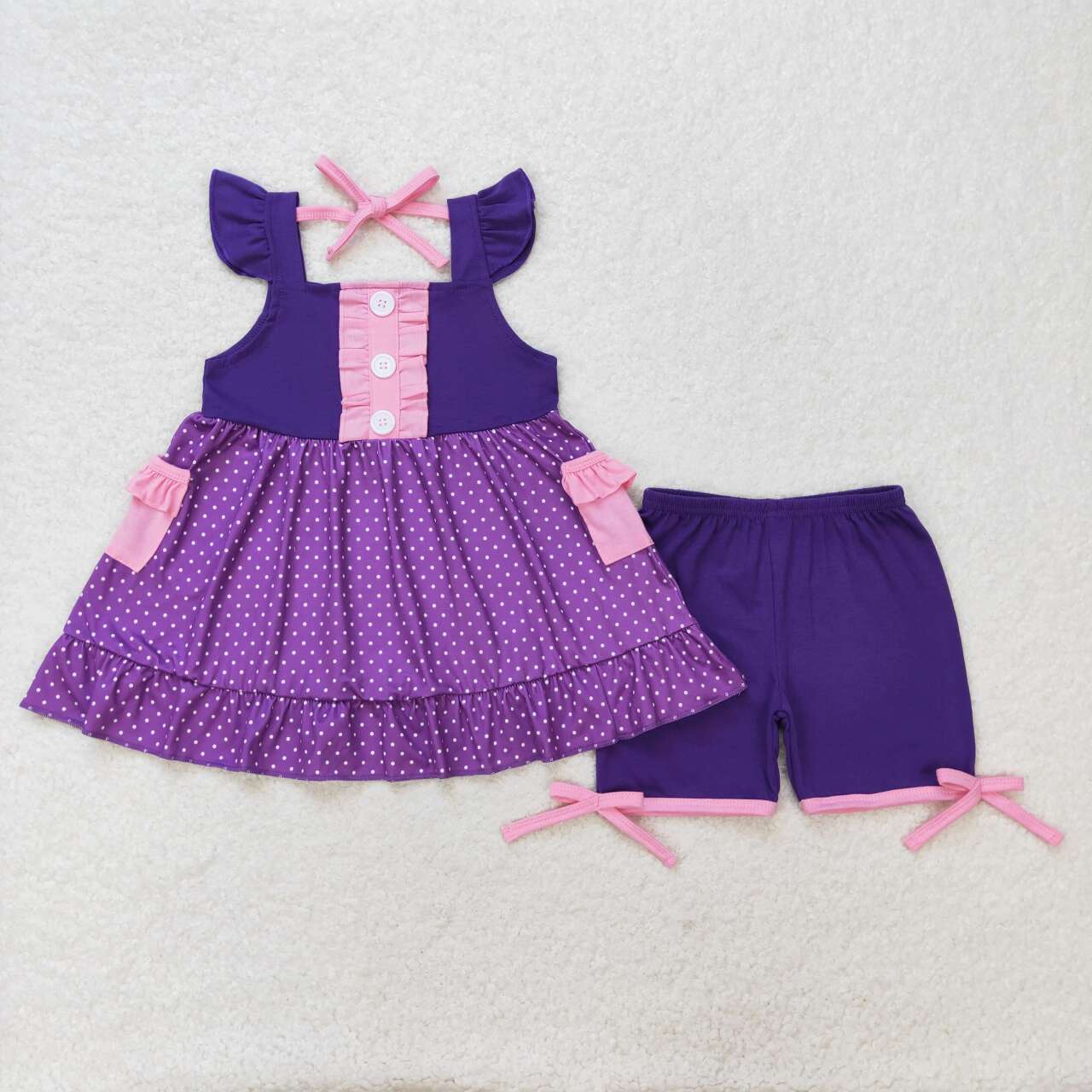 GSSO0965 cartoon princess purple flutter sleeve purple shorts girls set