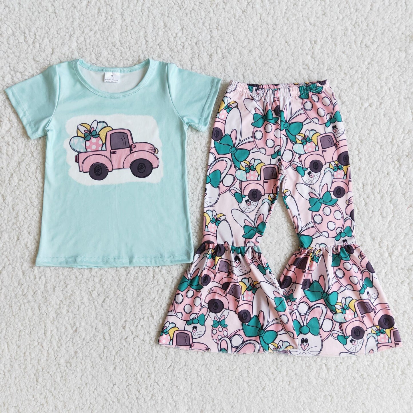 E10-14 Easter Car Short Sleeve Rabbits Girls Set