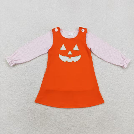 GLD0808 embroidery Halloween pink long sleeve smile pumpkin orange sleeveless girls 2pcs dress