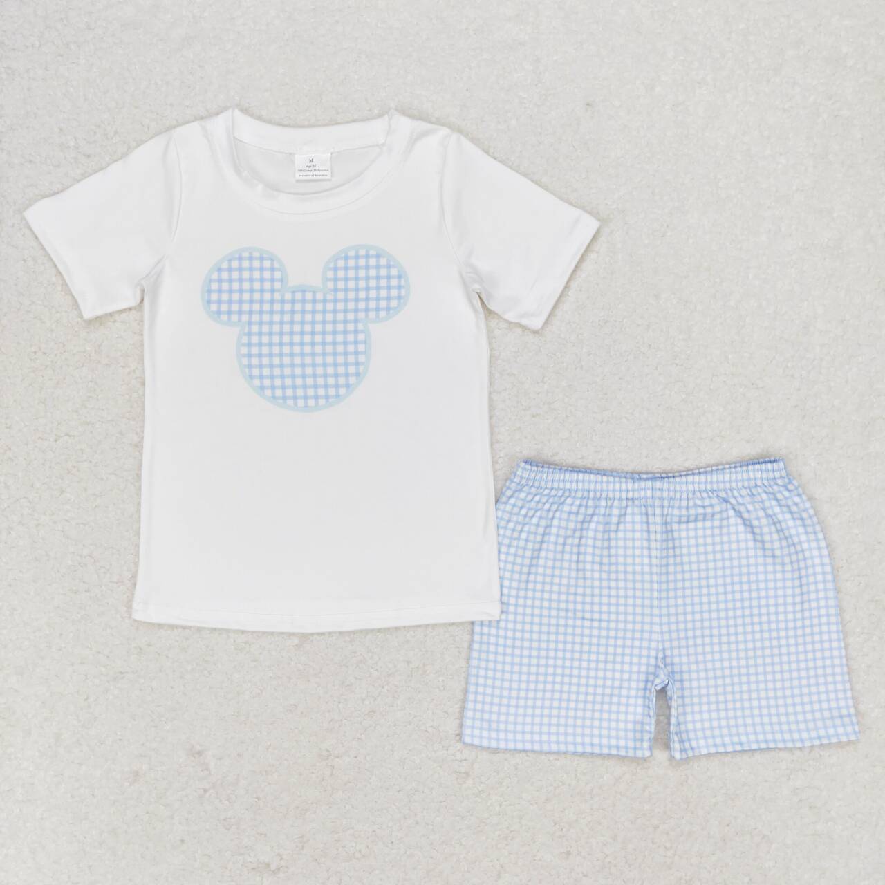 BSSO0860 cartoon M mouse short sleeve blue checkered shorts boys set