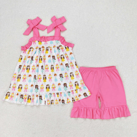 GSSO1045 cartoon princess hot pink lace-up hot pink shorts girls set