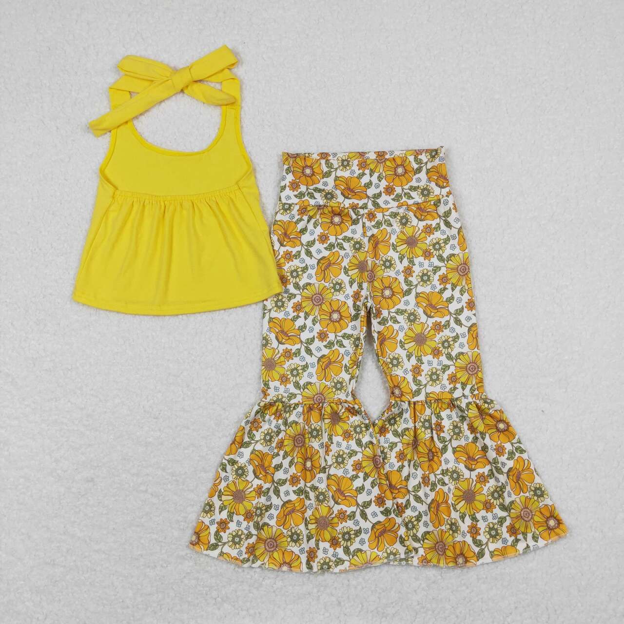 GSPO1430 Yellow lace-up top colorful flowers pants girls set