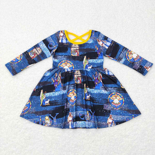 GLD0446 Easter The Nativity Story blue long sleeve girls dress