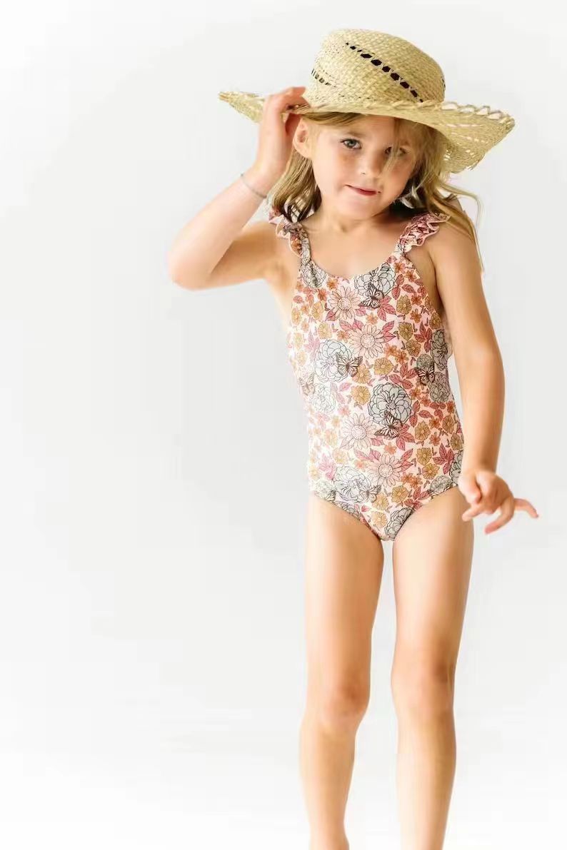 preorder S0177 Orange flower Girls Bathing Suits Swimsuits