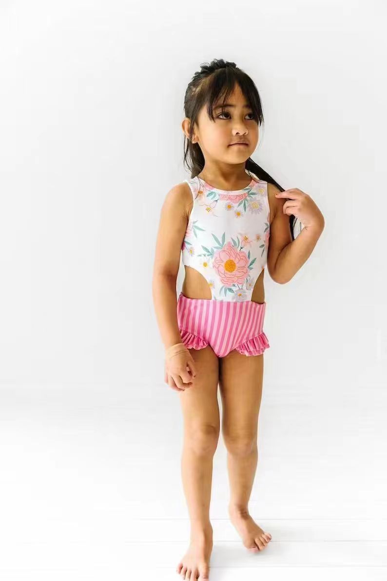 preorder S0181  Pink flowers sleeveless Girls Bathing Suits Swimsuits