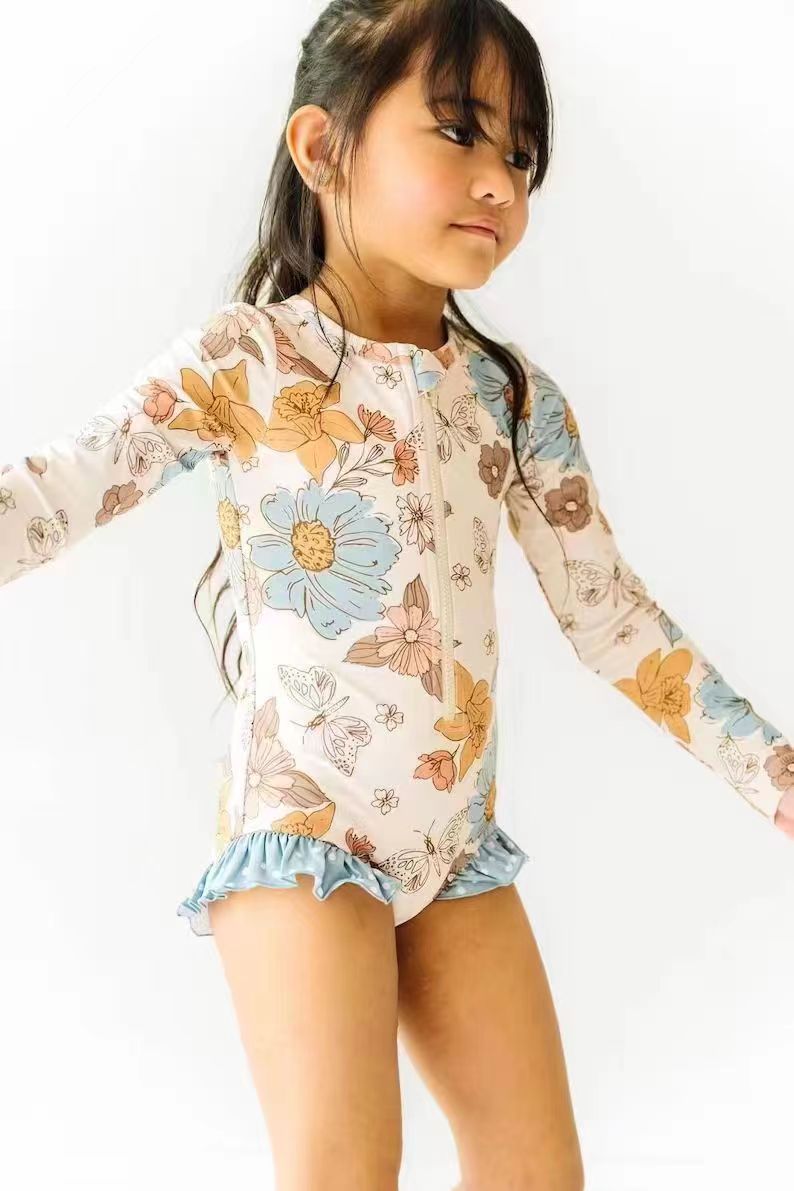 preorder S0183 Colorful flowers butterfly long sleeve Girls Bathing Suits Swimsuits