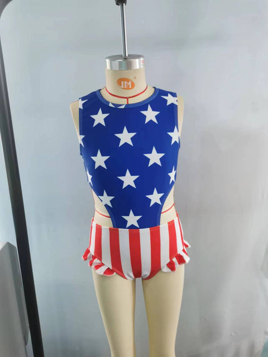 preorder S0189 National Day star red striped sleeveless Girls Bathing Suits Swimsuits