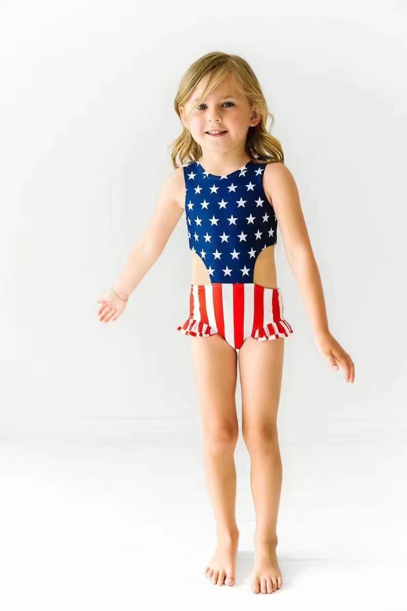 preorder S0189 National Day star red striped sleeveless Girls Bathing Suits Swimsuits