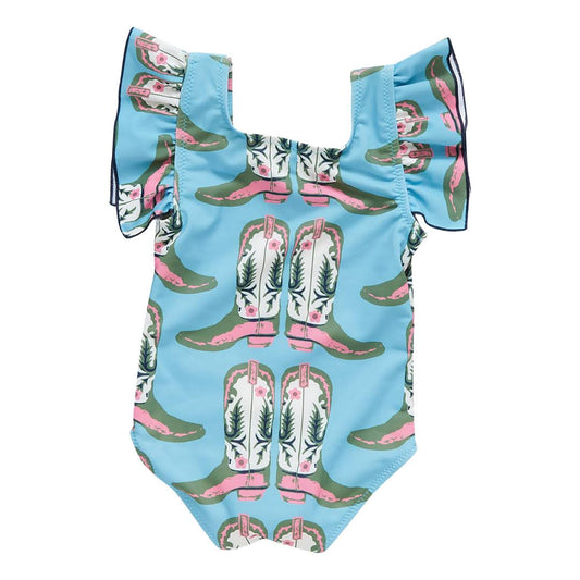 preorder S0221 Baby Girl Clothes Western Boot Blue Short Sleeve Girls Bathing Suits Swimsuit Kids Summer Clothes