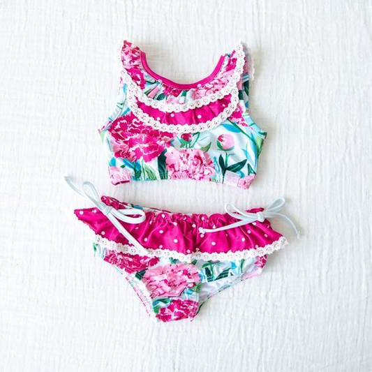 preorder S0271 hot pink flowers flutter sleeve girls swimsuits