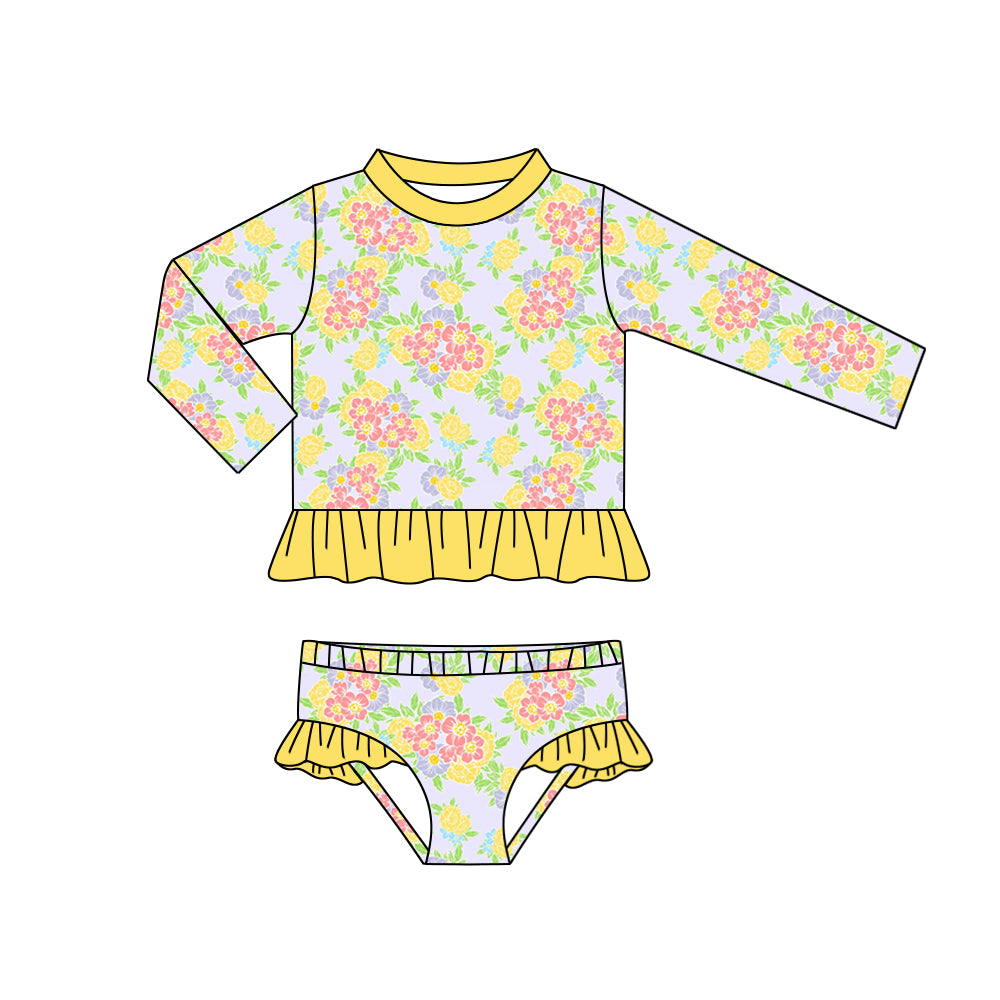 preorder S0296 colorful flowers yellow long sleeve girls swimsuits