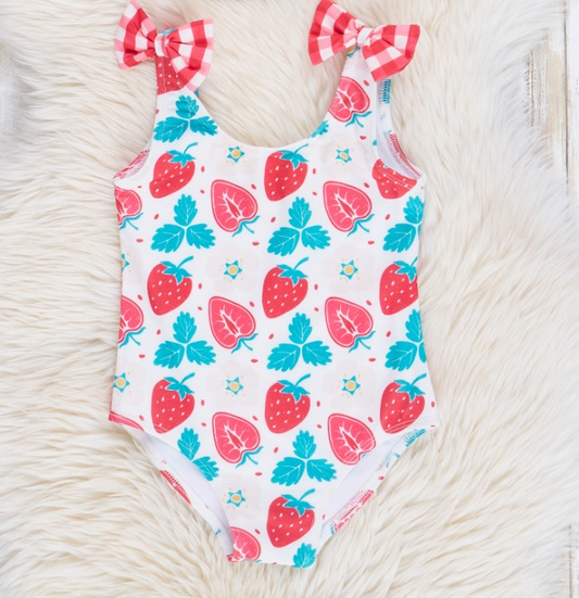 preorder S0317 strawberry checkered sleeveless girls swimsuits