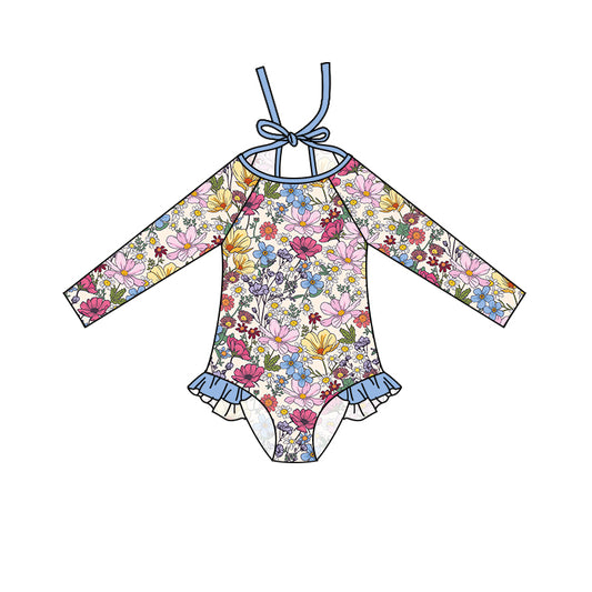 preorder S0350 multi flowers long sleeve girls swimsuits