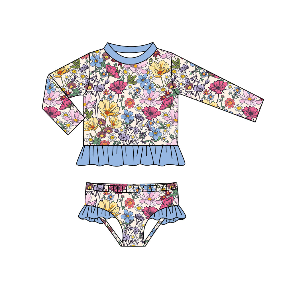 preorder S0351 multi flowers long sleeve 2pcs girls swimsuits