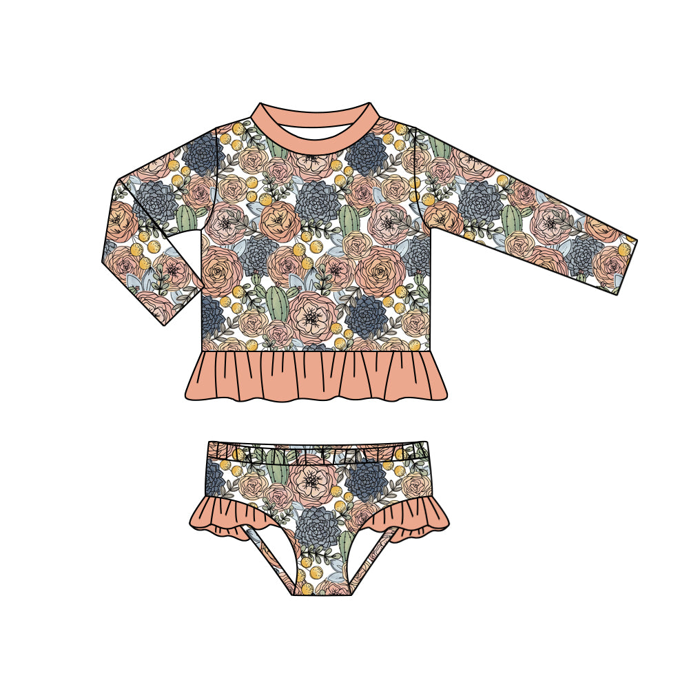 preorder S0353 multi color flowers orange long sleeve 2pcs girls swimsuits