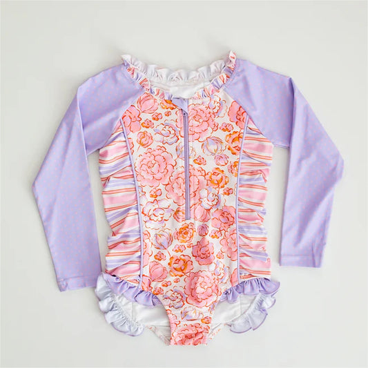 preorder S0354 pink flowers purple long sleeve girls swimsuits