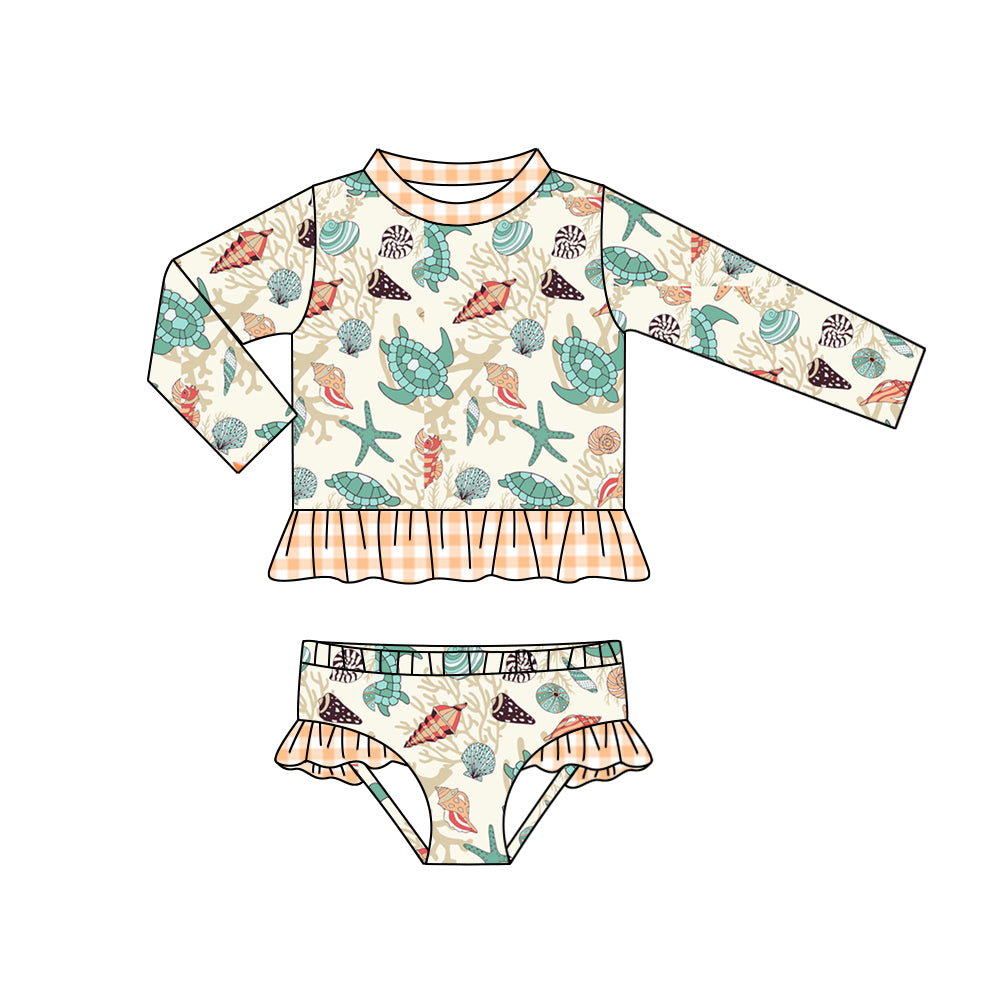 preorder S0366 sea starfish shell sea turtle long sleeve 2pcs girls swimsuits