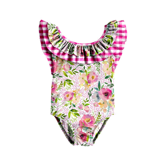 preorder S0369 multi color flowers hot pink checkered ruffles girls swimsuits