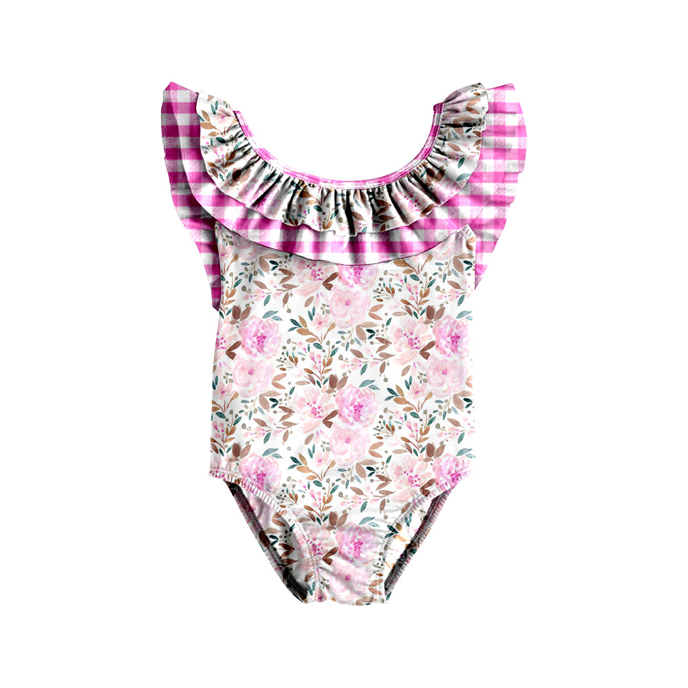 preorder S0370 pink flowers hot pink checkered ruffles girls swimsuits