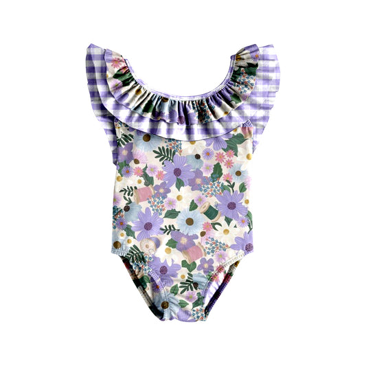 preorder S0371 multi color flowers purple checkered ruffles girls swimsuits