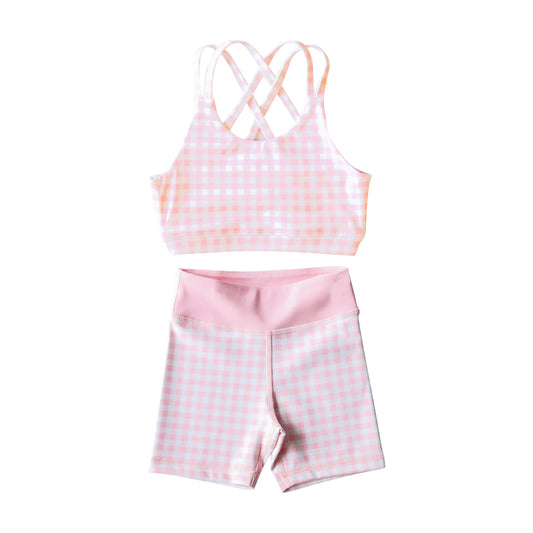 preorder S0372 pink checkered camisole 2pcs girls swimsuits