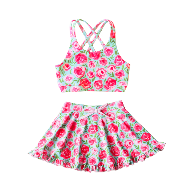 preorder S0374 hot pink flowers camisole 2pcs girls swimsuits