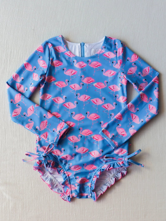 preorder S0375 flamingo blue long sleeve girls bathing swimsuits