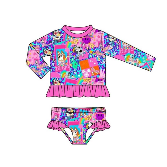 preorder S0379 cartoon blue dog hot pink long sleeve girls 2pc swimsuits