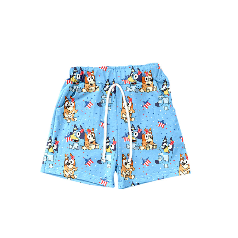 preorder S0381 July 4th fireworks cartoon blue dog boys swimming trunk