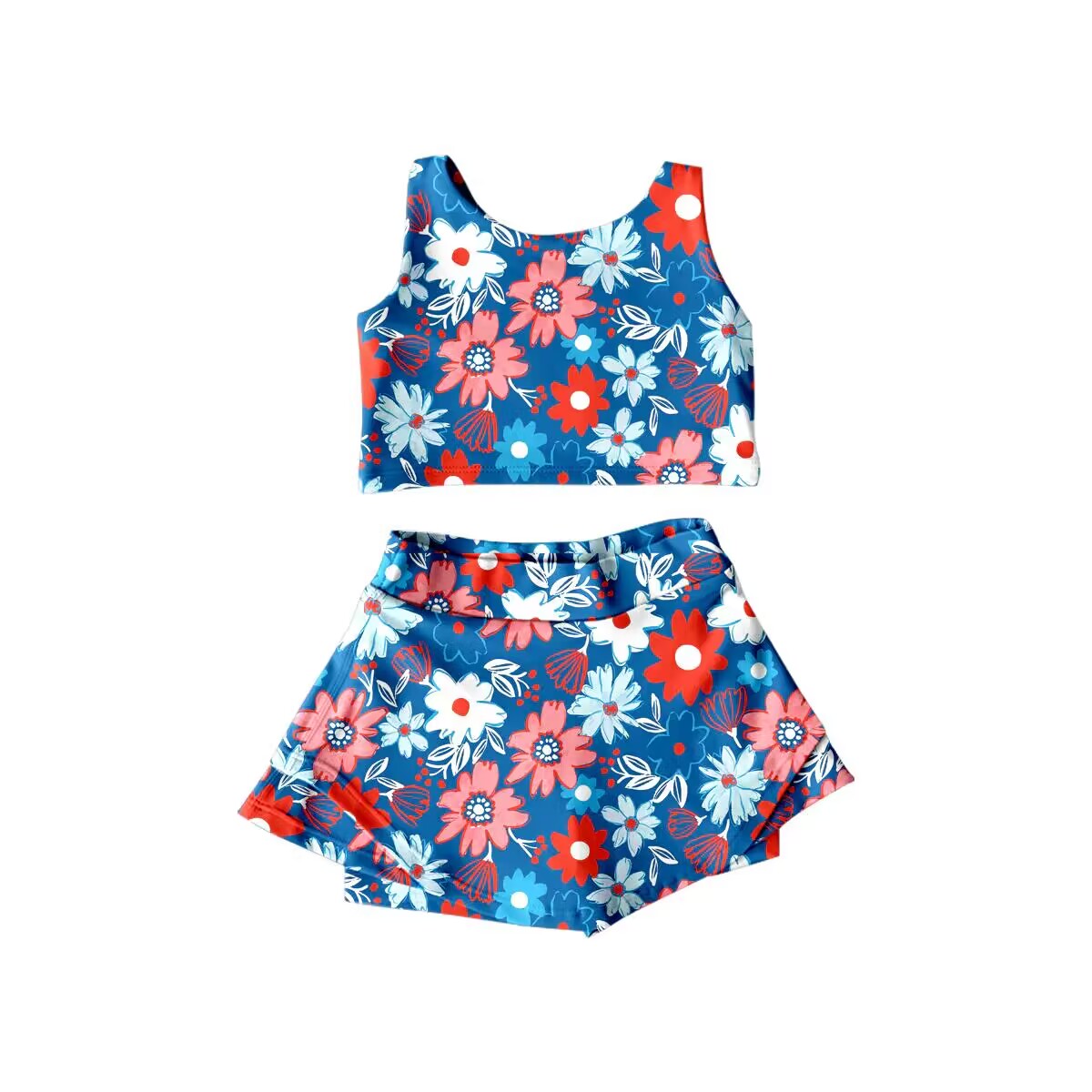 preorder S0383  multi color flowers blue sleeveless girls 2pcs swimsuits