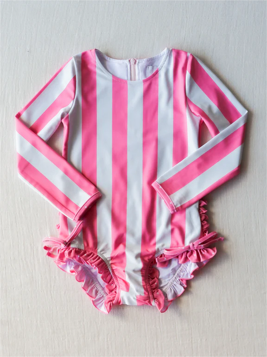 preorder S0384 pink striped long sleeve girls bathing swimsuits