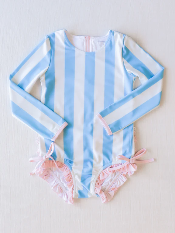 preorder S0385 blue striped long sleeve girls bathing swimsuits