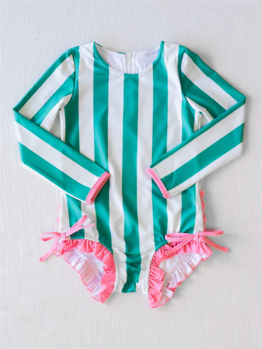 preorder S0386 green striped long sleeve girls bathing swimsuits