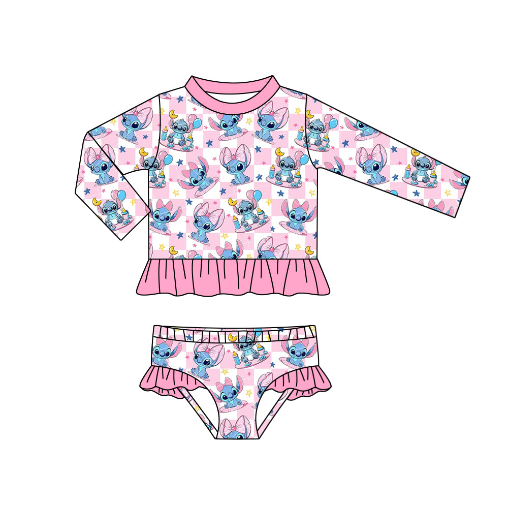 preorder S0392 cartoon dog animals pink checkered long sleeve 2pcs for girls swimsuits