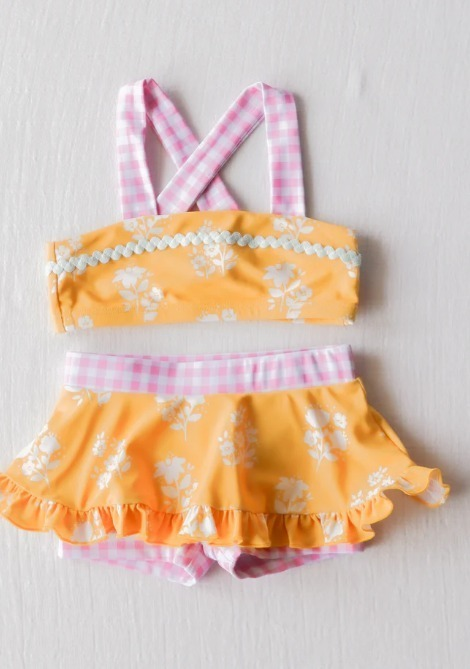 preorder S0394 flowers orange 2pcs for girls swimsuits