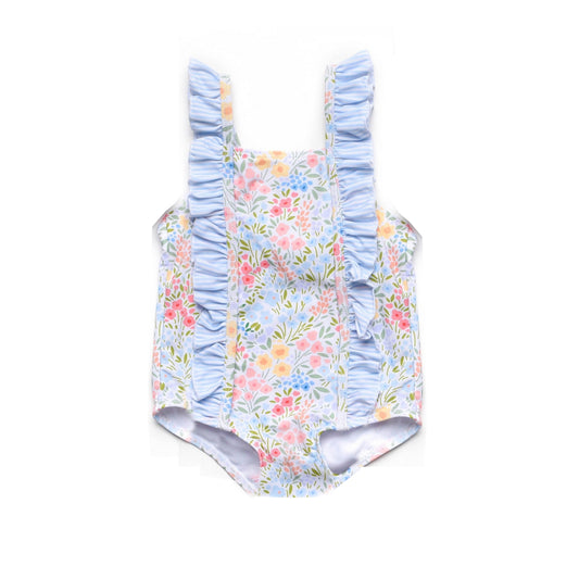 preorder S0415 colorful flowers floral blue flutter sleeve girls bathing swimsuits