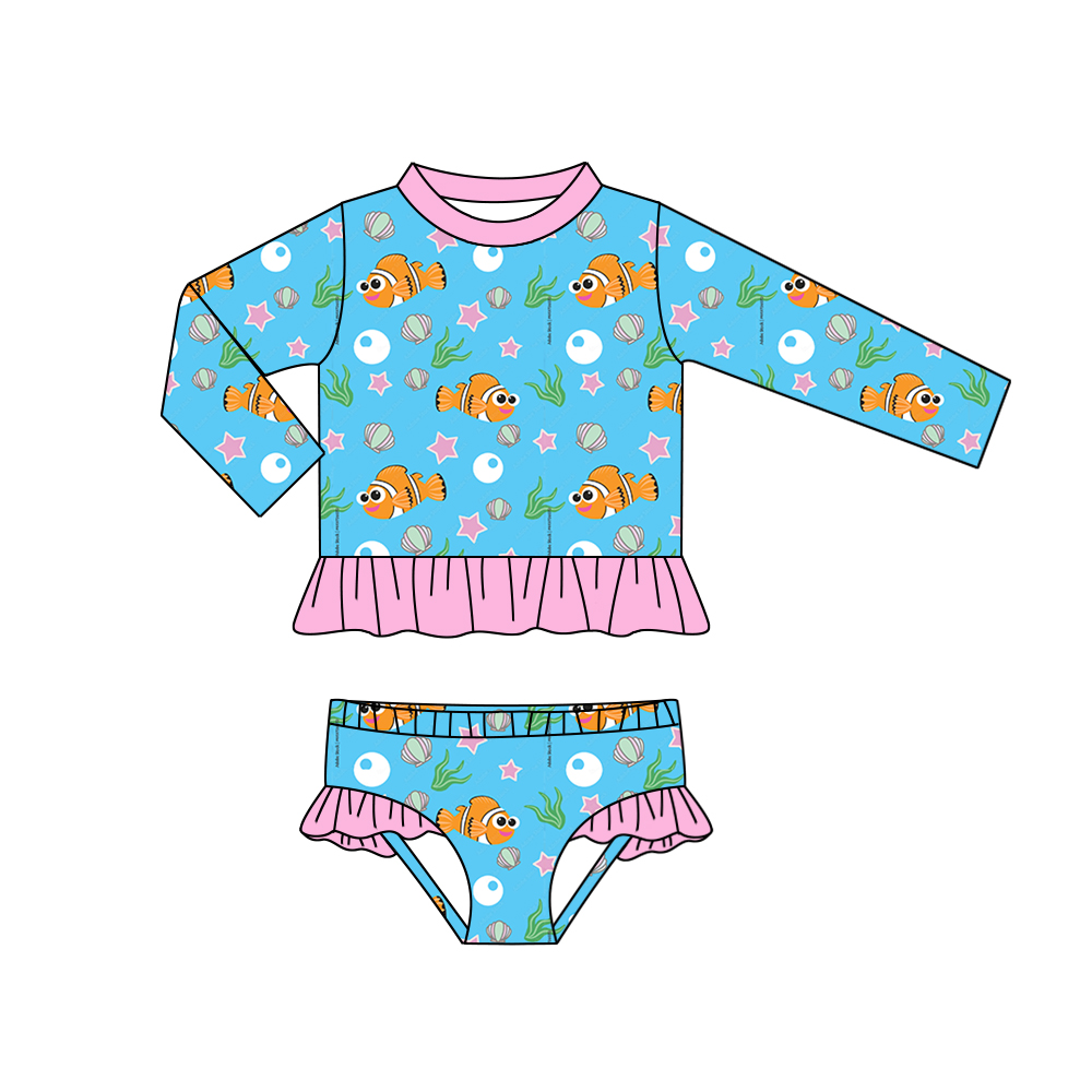 preorder S0416 cute cartoon fish shell long sleeve 2pcs girls swimsuits