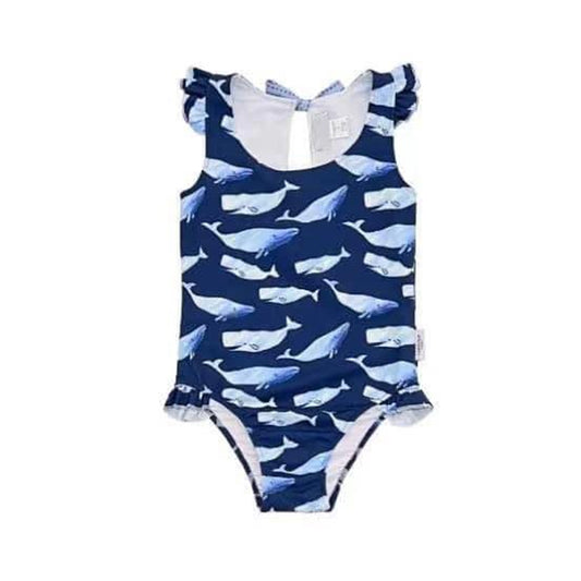 preorder S0424 whale navy blue flutter sleeve girls bathing swimsuits