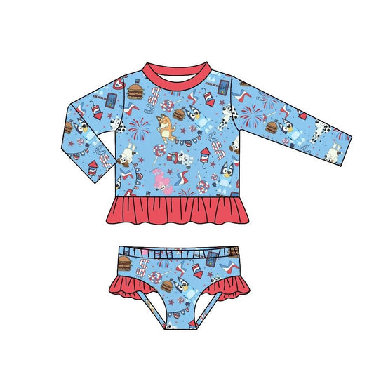 preorder S0426 July 4th blue dog blue long sleeve girls 2pcs swimsuits