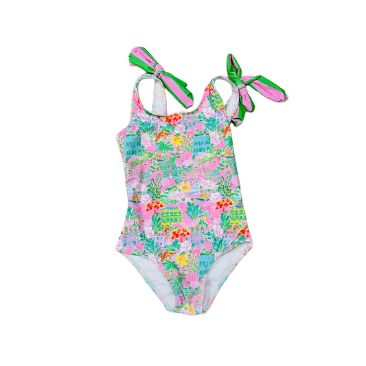 preorder S0435 watercolor flowers hot pink girls bathing swimsuits